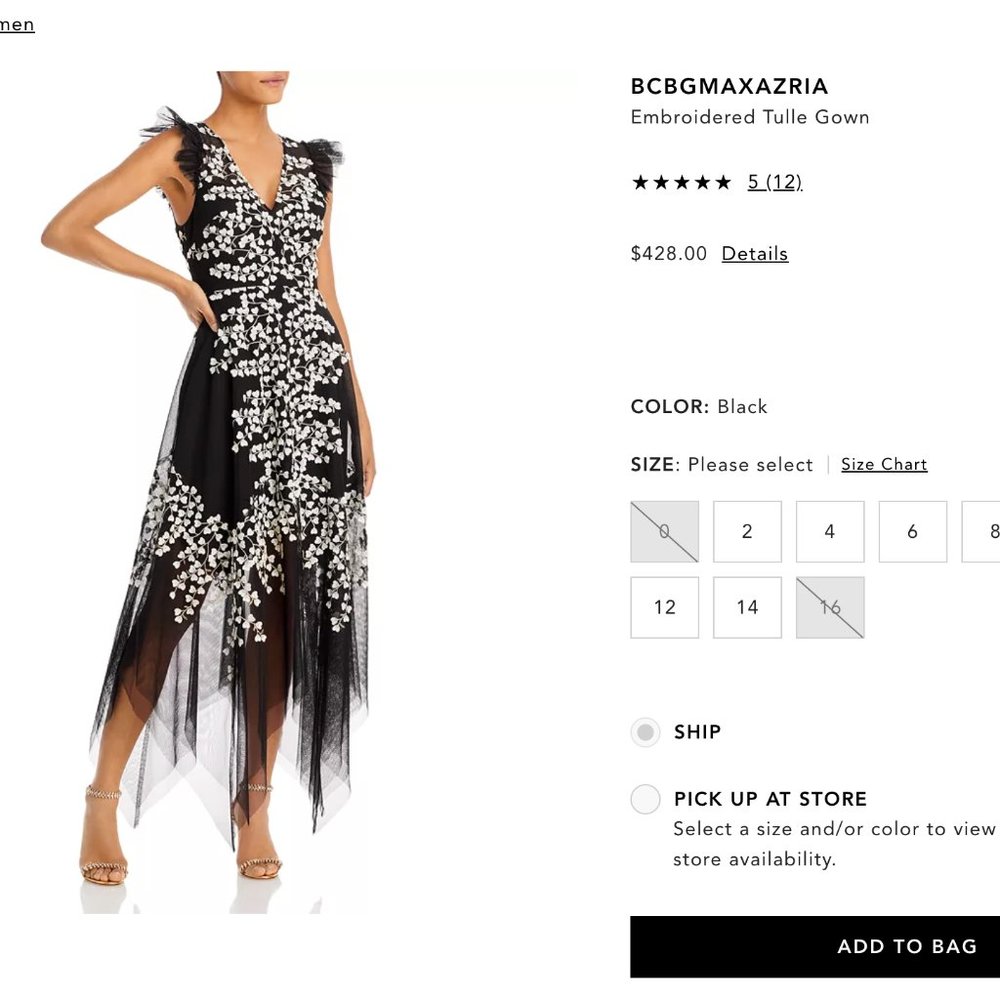 BCBGMAXAZRIA Black Embroidered Tulle Gown